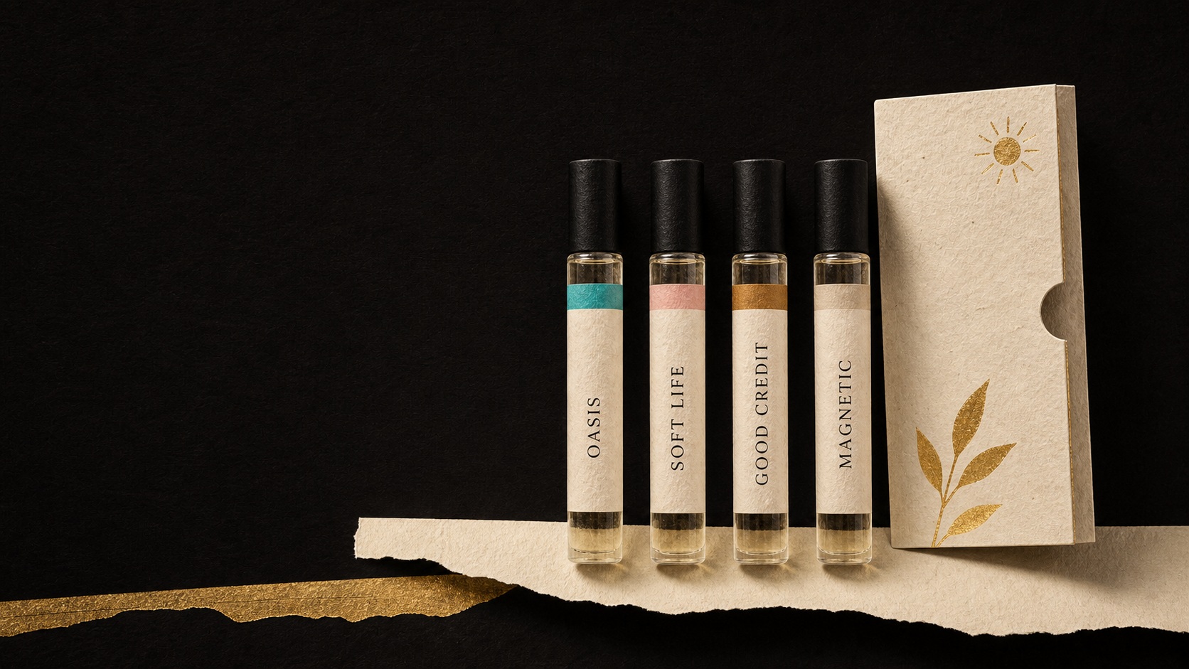 A paper-collage Maison Joslin Discovery flight with Oasis, Soft Life, Good Credit, and Magnetic sample vials