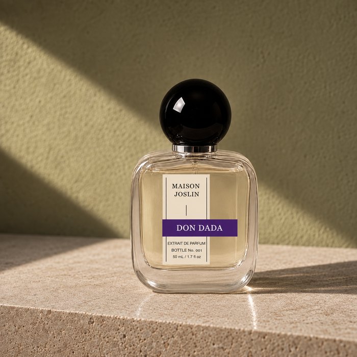Don Dada 50 ml Maison Joslin bottle with the tailored cream ticket and scent-colored strip