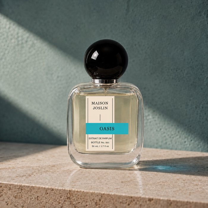 Oasis 50 ml Maison Joslin bottle with the tailored cream ticket and scent-colored strip