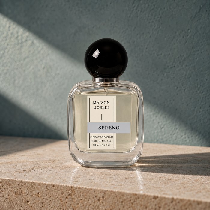 Sereno 50 ml Maison Joslin bottle with the tailored cream ticket and scent-colored strip