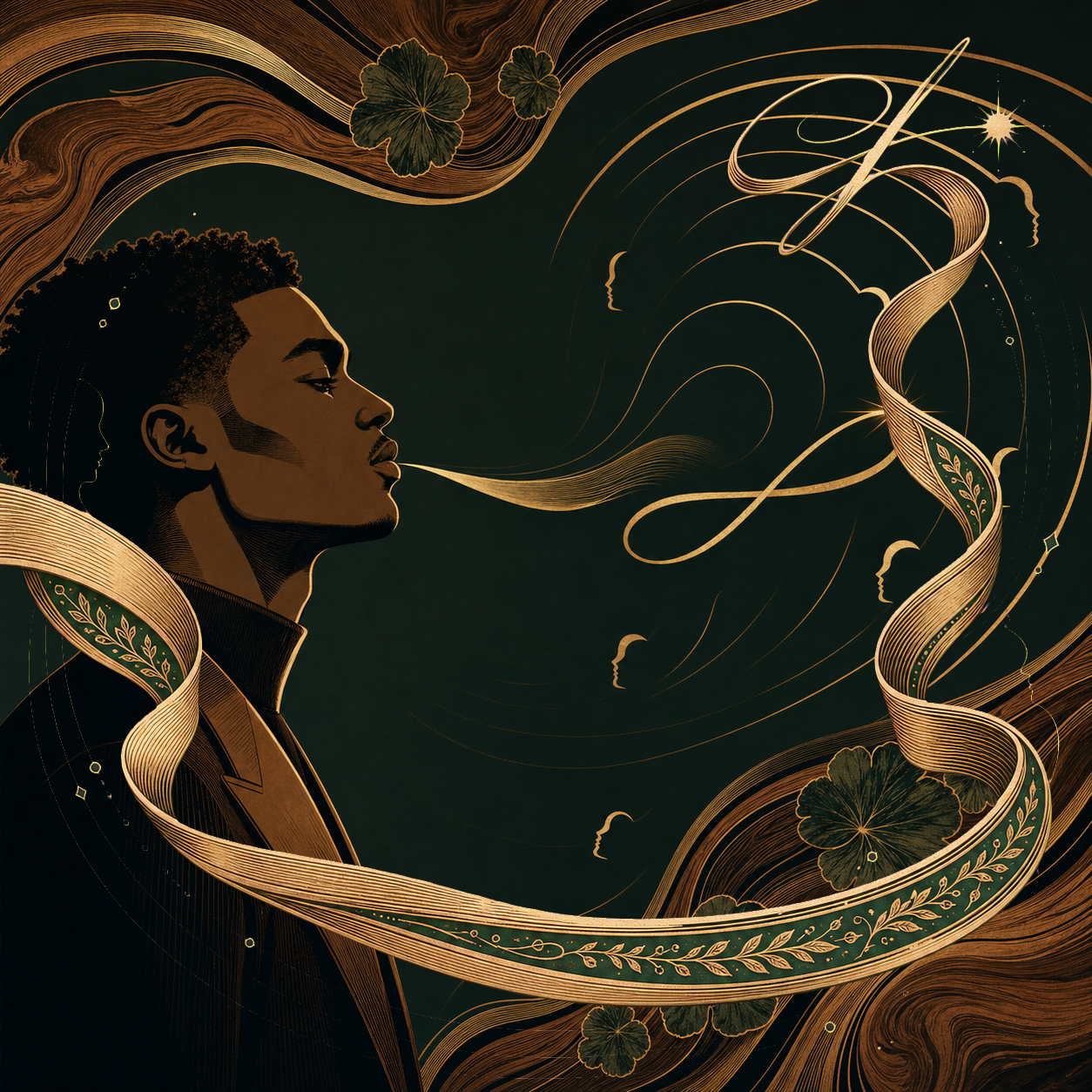 A poised Black man surrounded by elegant gold lines that visualize reputation and arrival