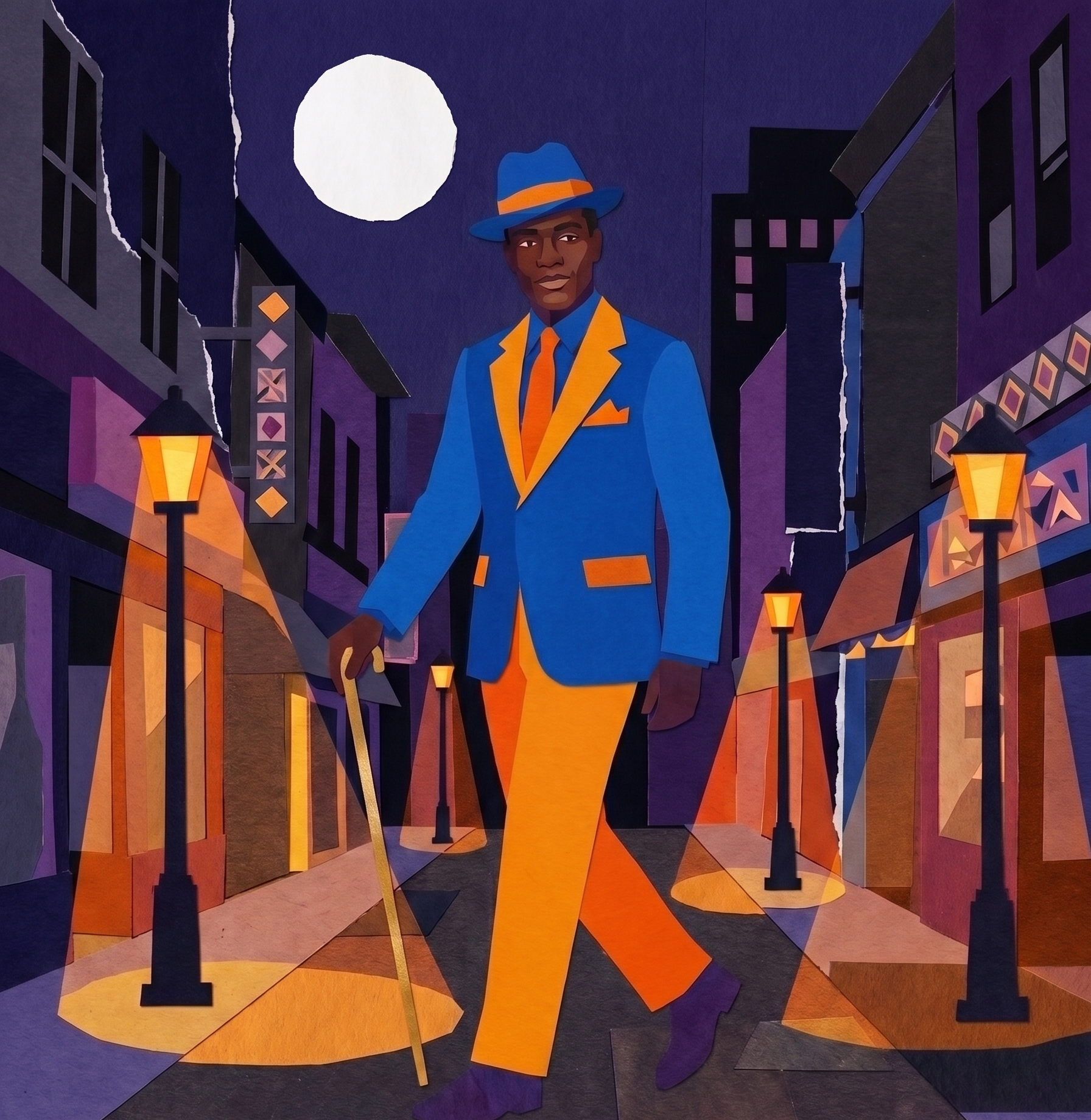 A sharply dressed Black man strides through a violet and amber night promenade in cut-paper collage
