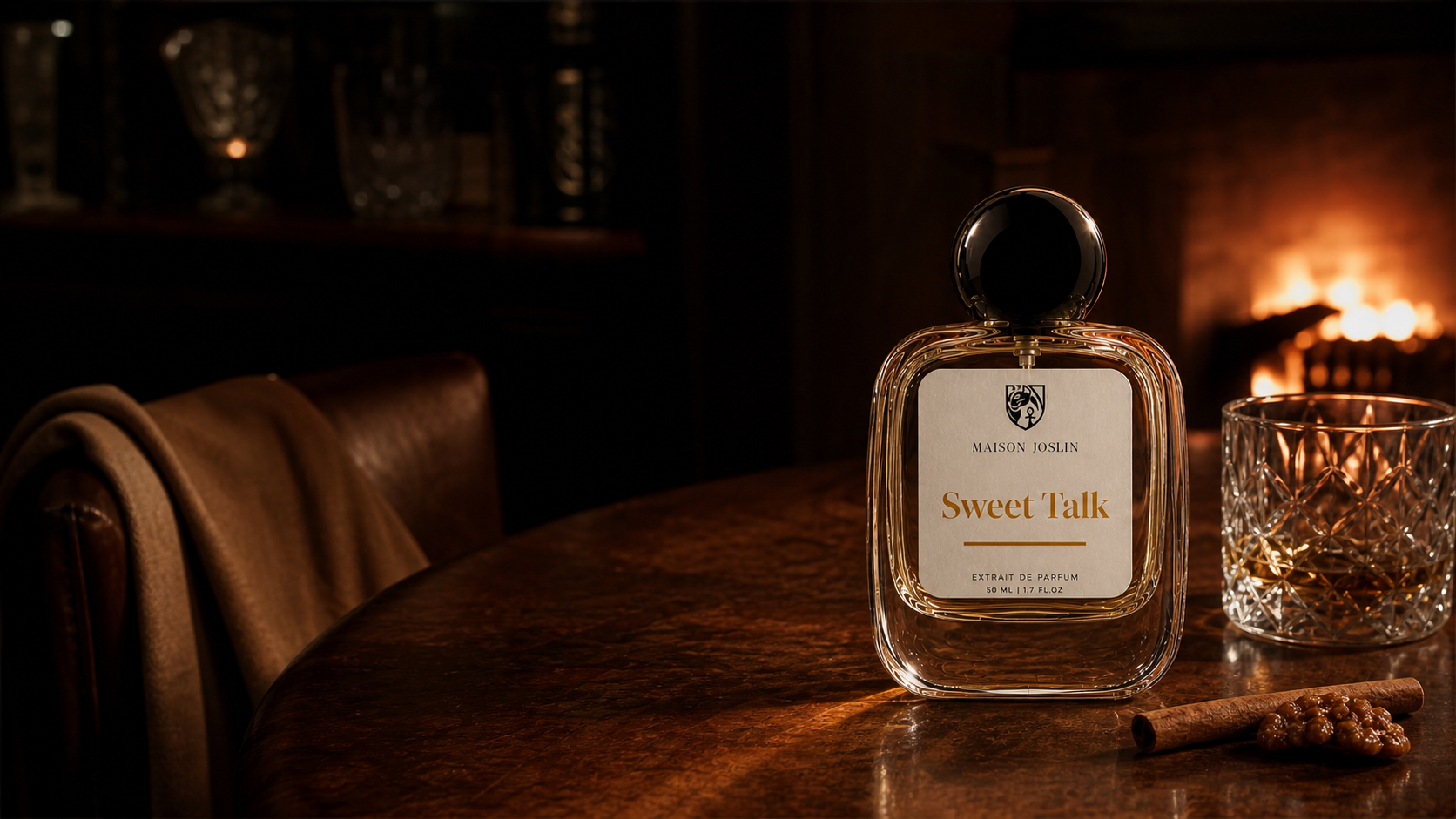 Sweet Talk extrait beside cognac in a firelit room