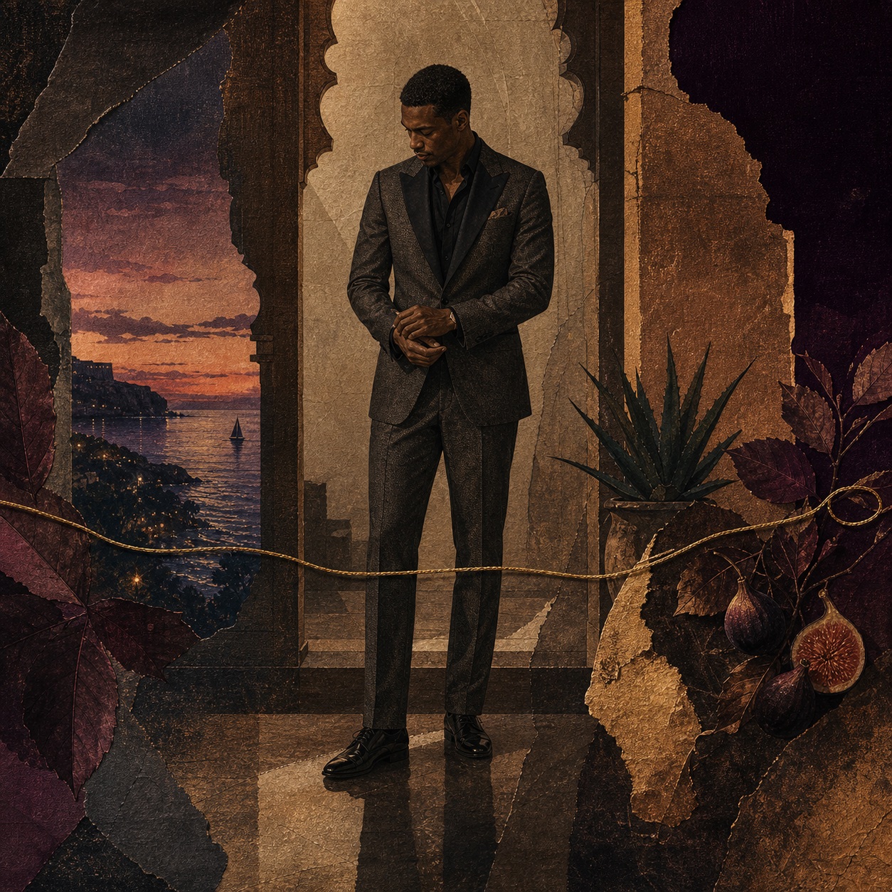 A sharply tailored Black man stands at a carved coastal threshold in the last amber light